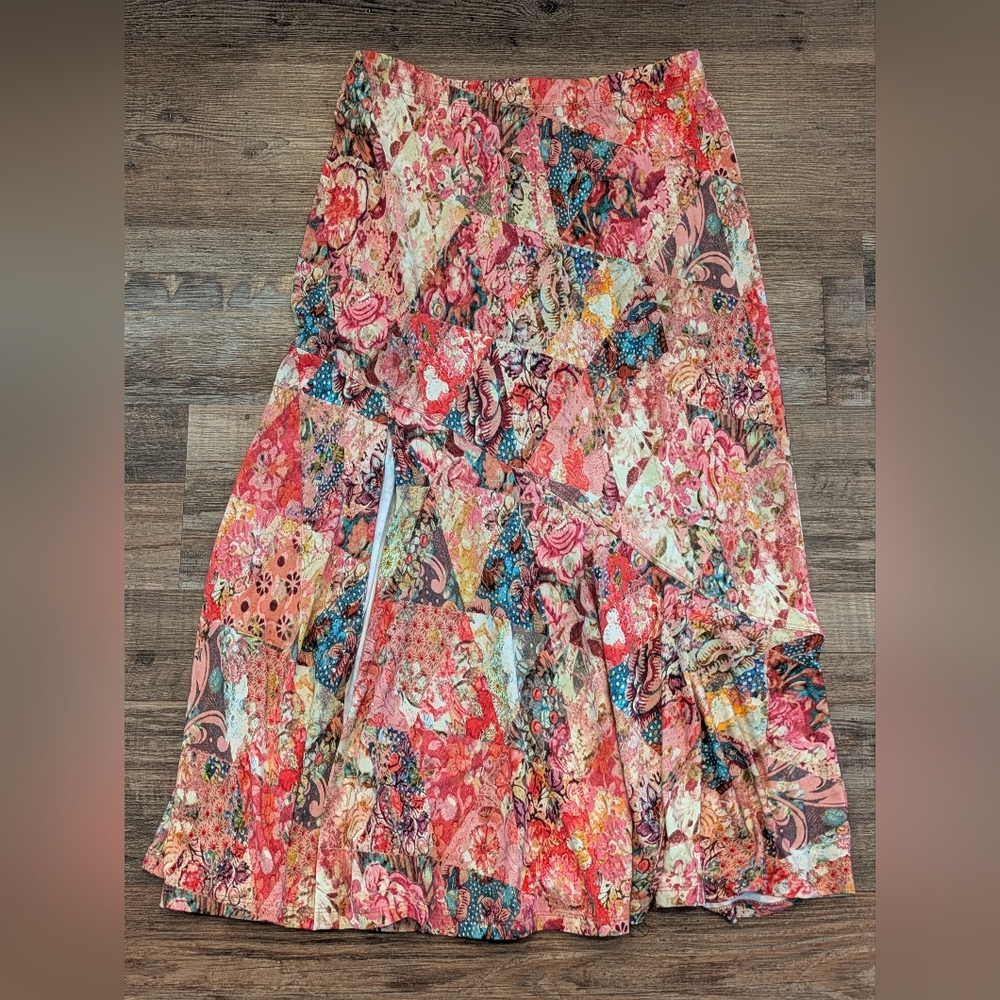 Peruvian Connection Colorful Patchwork Print Maxi Skirt With Slit Boho Size M